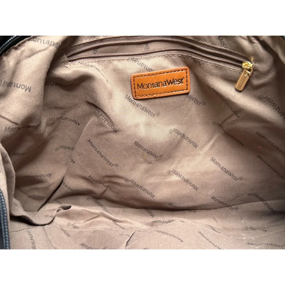 Montana West Black Quilted Tote Bag Signature Logo Brown Lining Zip Purse